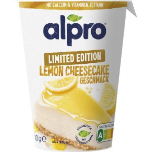 Alpro Yoghurt in the packaging. On the label it says "Limited Edition Lemon Cheesecake"