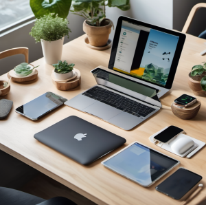 Apple devices on a table with plants